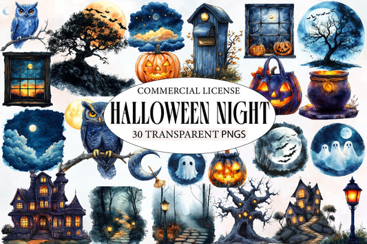 Halloween Night Clipart PNG | Spooky Night PNG, Halloween Moon Clipart, Owl & Haunted House PNG,