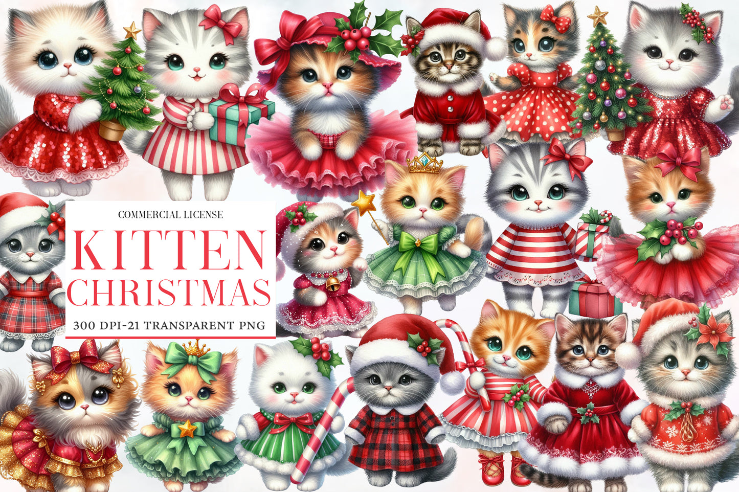 Kitten Christmas Watercolor Clipart PNG Bundle | Cute Christmas Cat PNG | Christmas Kitten Sublimation