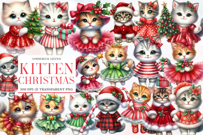 Kitten Christmas Watercolor Clipart PNG Bundle | Cute Christmas Cat PNG | Christmas Kitten Sublimation