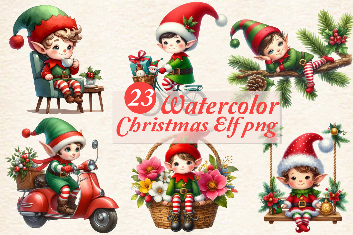 23 Watercolor Christmas Elf PNG Clipart Cute Holiday Bundle