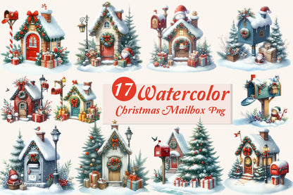 Christmas Mailbox PNG Bundle | Watercolor Christmas Mailbox, Snowy Holiday House & Winter Mail Clipart
