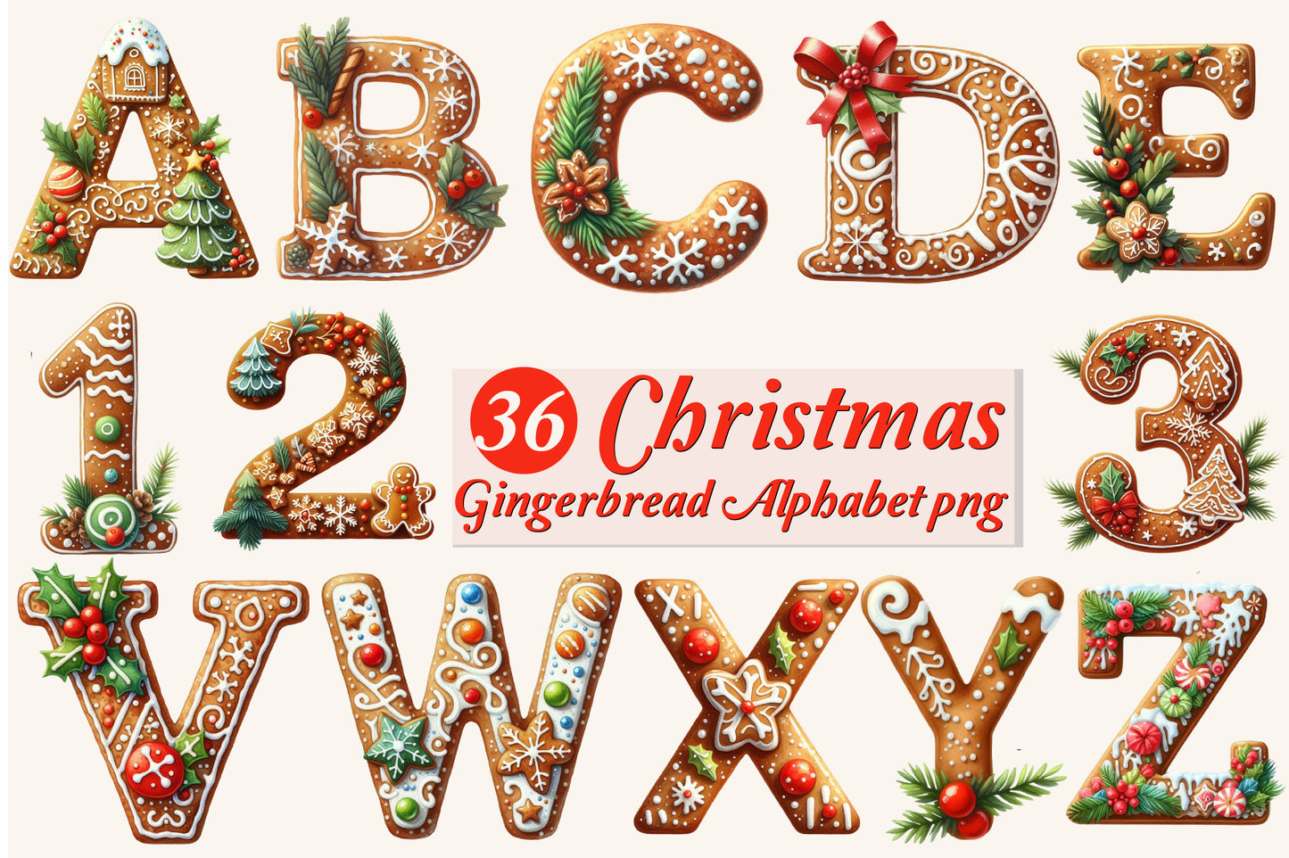Christmas Gingerbread Alphabet PNG Bundle | Watercolor Gingerbread Letters, Numbers & Holiday Alphabet Clipart