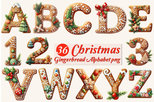 Christmas Gingerbread Alphabet PNG Bundle | Watercolor Gingerbread Letters, Numbers & Holiday Alphabet Clipart