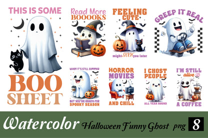 8 Watercolor Halloween Funny Ghost PNG Clipart Bundle Cute Boo