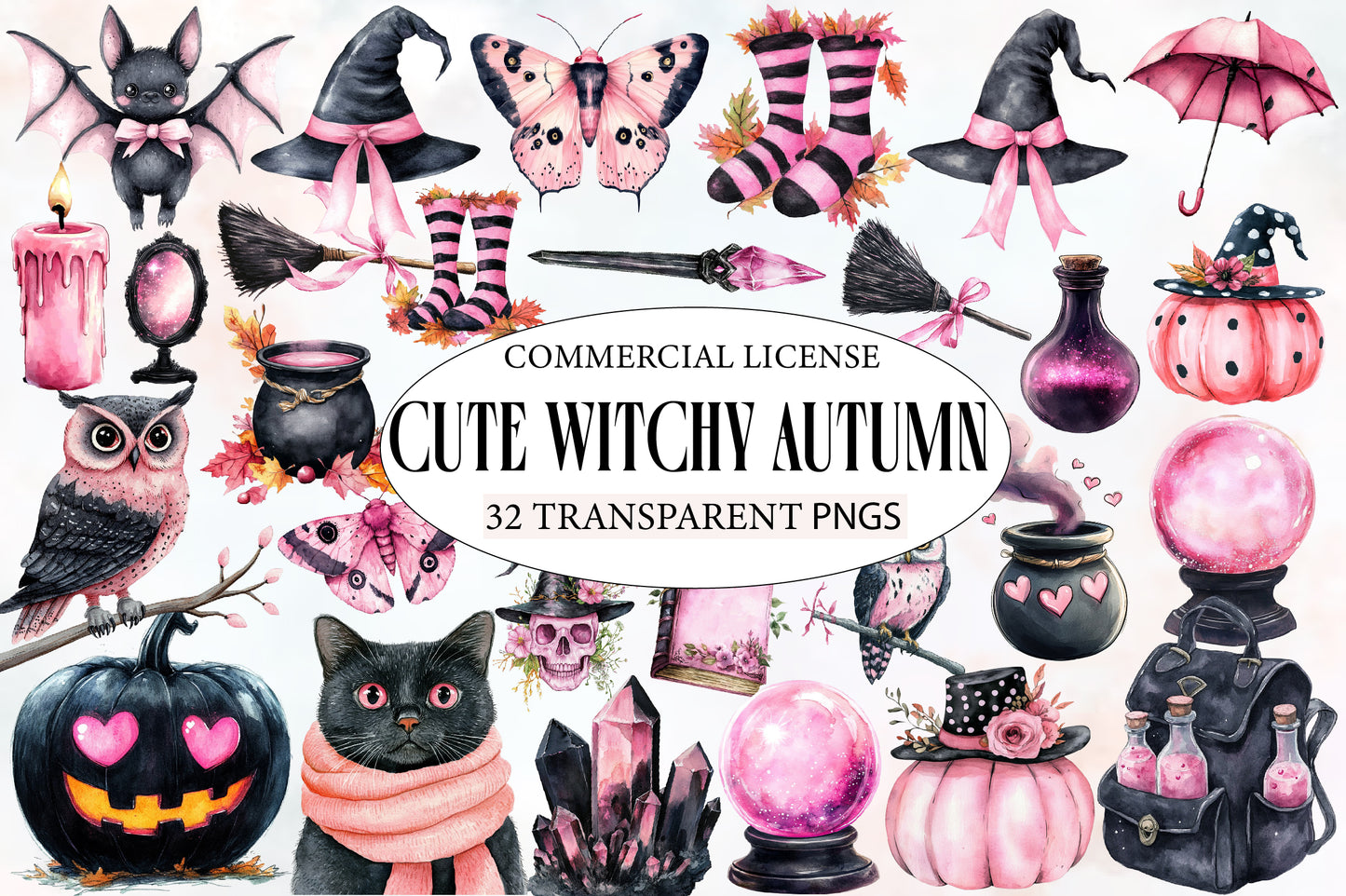 Cute Witchy Autumn PNG Bundle | Pink Halloween Witch Clipart, Cute Witch PNG