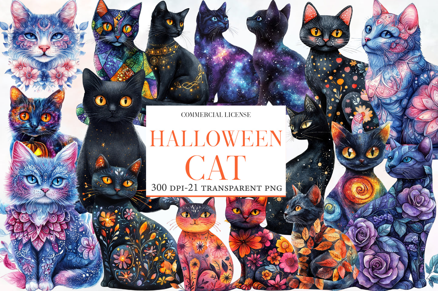Whimsy Halloween Cat Clipart PNG Bundle | Cute Black Cat, Witch Cat, Pumpkin & Ghost Clipart | Spooky Sublimation