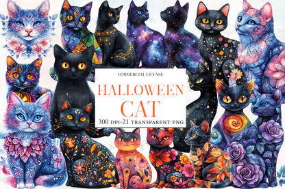 Whimsy Halloween Cat Clipart PNG Bundle | Cute Black Cat, Witch Cat, Pumpkin & Ghost Clipart | Spooky Sublimation