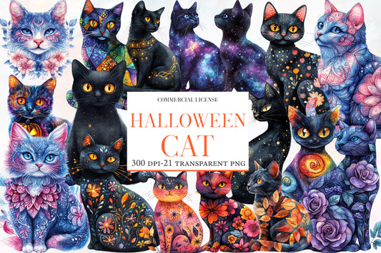 Whimsy Halloween Cat Clipart PNG Bundle | Cute Black Cat, Witch Cat, Pumpkin & Ghost Clipart | Spooky Sublimation
