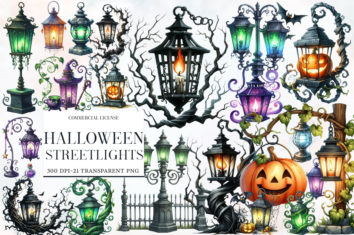 Halloween Streetlights Clipart PNG Bundle | 21 Gothic Lantern & Street Lamp Designs