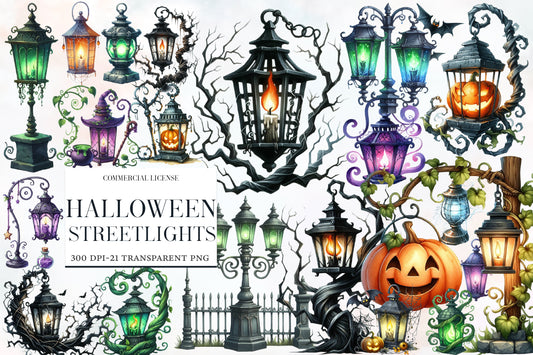Halloween Streetlights Clipart PNG Bundle | 21 Gothic Lantern & Street Lamp Designs