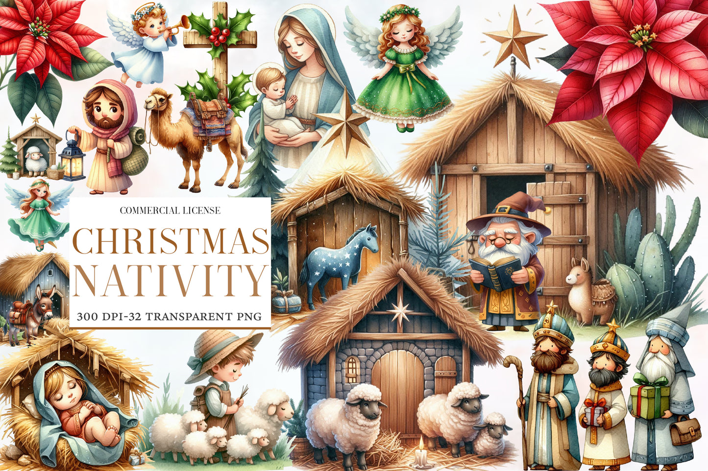 Christmas Nativity Sublimation Clipart PNG Bundle | Watercolor Nativity Christmas Clipart | Religious Holiday Sublimation PNG