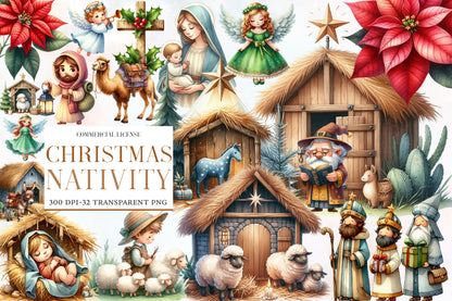 Christmas Nativity Sublimation Clipart PNG Bundle | Watercolor Nativity Christmas Clipart | Religious Holiday Sublimation PNG