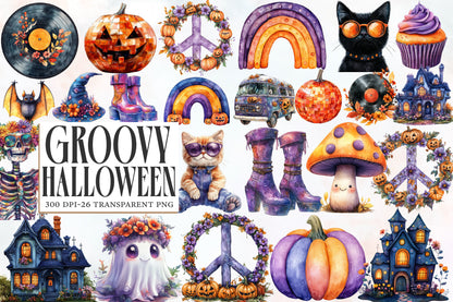 Groovy Halloween Watercolor Clipart PNG Bundle | Retro Halloween Clipart