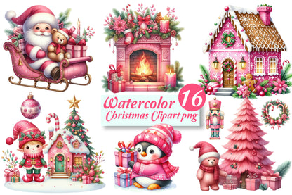16 Watercolor Pink Christmas Clipart PNG Bundle Santa Gingerbread