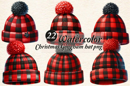 22 Watercolor Christmas Gingham Hat PNG Buffalo Plaid Winter Clipart
