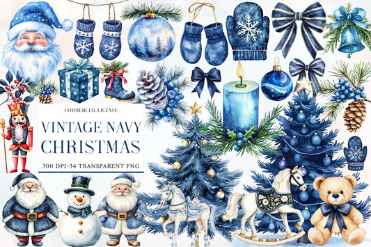 Vintage Navy Christmas Watercolor Clipart PNG Bundle | Blue Christmas Clipart | Holiday Sublimation