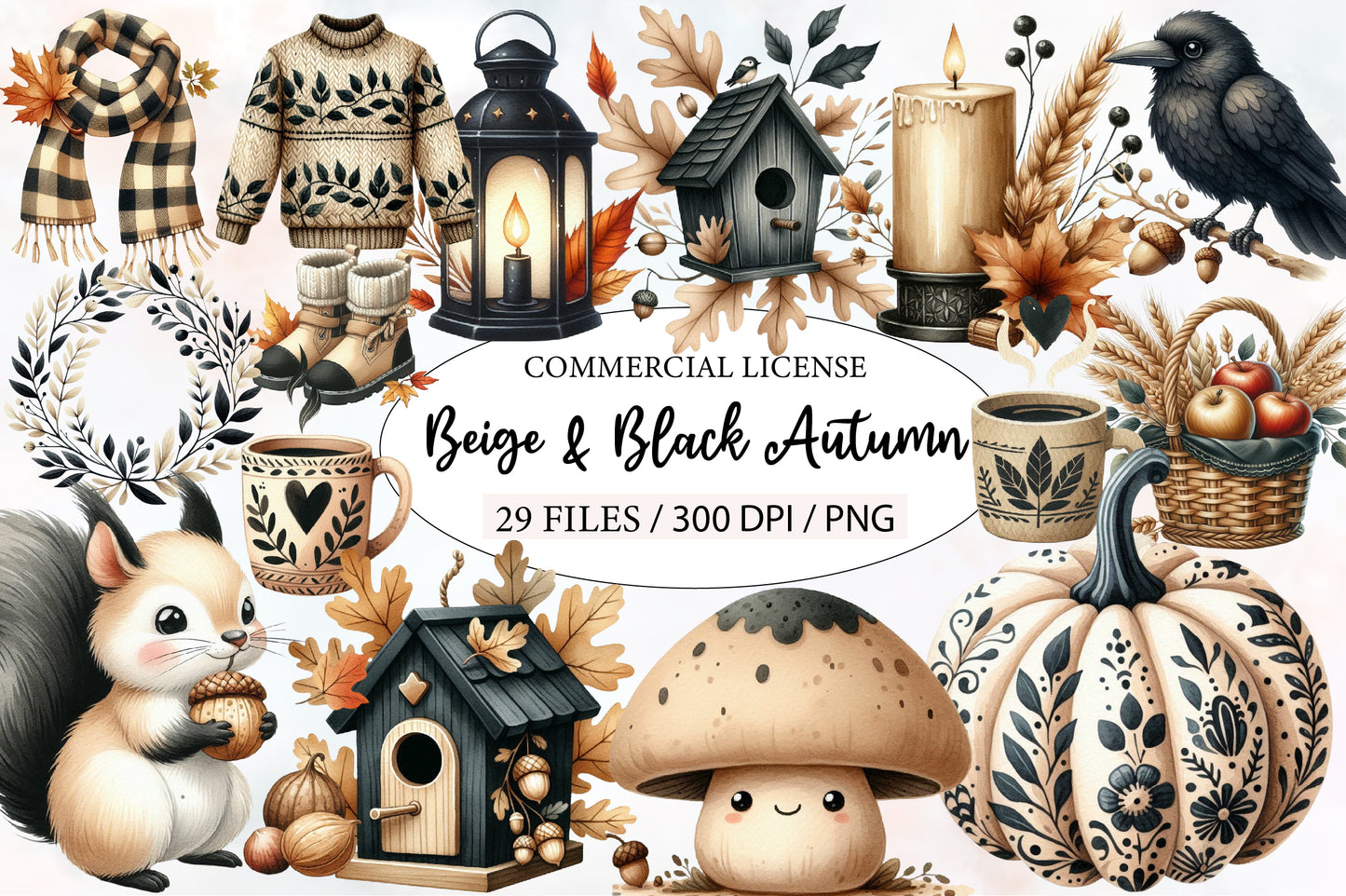 Beige & Black Autumn Watercolor Clipart PNG Bundle | Neutral Fall Botanical Clipart | Elegant Boho Autumn PNG