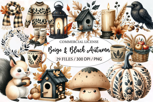 Beige & Black Autumn Watercolor Clipart PNG Bundle | Neutral Fall Botanical Clipart | Elegant Boho Autumn PNG