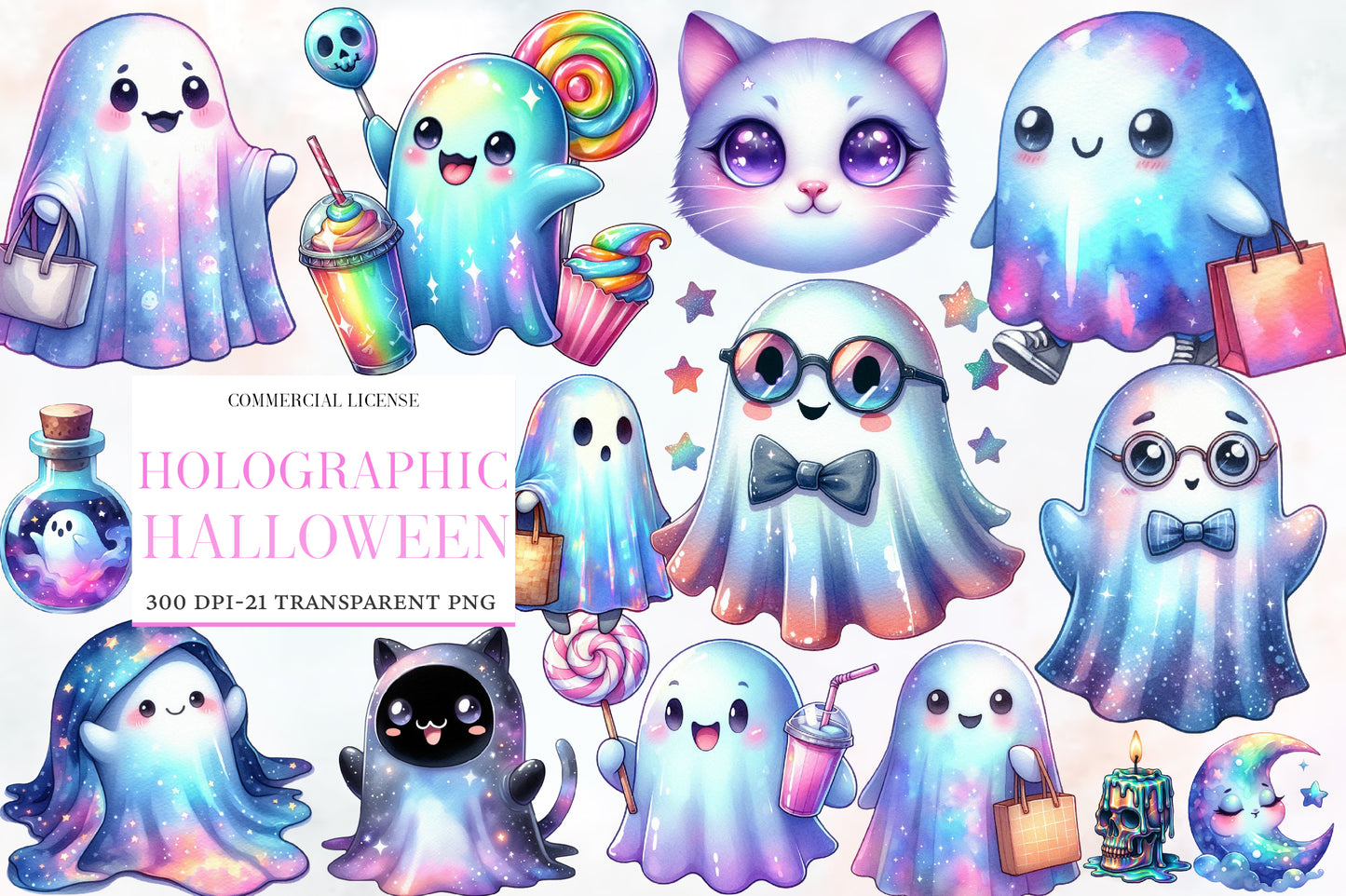 Holographic Halloween Watercolor Clipart PNG Bundle | Cute Ghost PNG, Kawaii Halloween Clipart