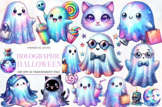 Holographic Halloween Watercolor Clipart PNG Bundle | Cute Ghost PNG, Kawaii Halloween Clipart