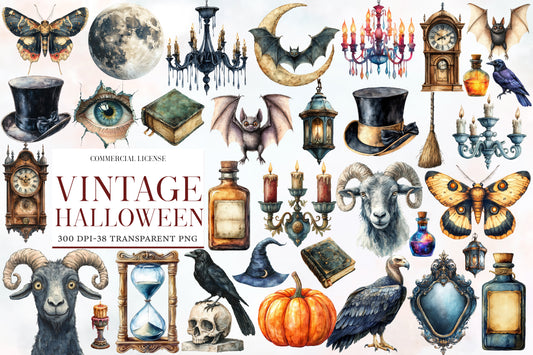 Vintage Halloween Clipart PNG Bundle | Retro Witch, Pumpkin, Ghost, Black Cat, Bat & Haunted House | Watercolor Sublimation