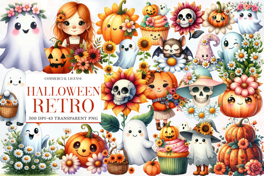 Watercolor Retro Halloween Clipart PNG Bundle | Vintage Halloween Pumpkin, Ghost, Witch, Cat & Bat Clipart