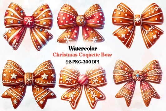 22 Christmas Coquette Bow PNG Clipart Bundle Watercolor Gingerbread Holiday