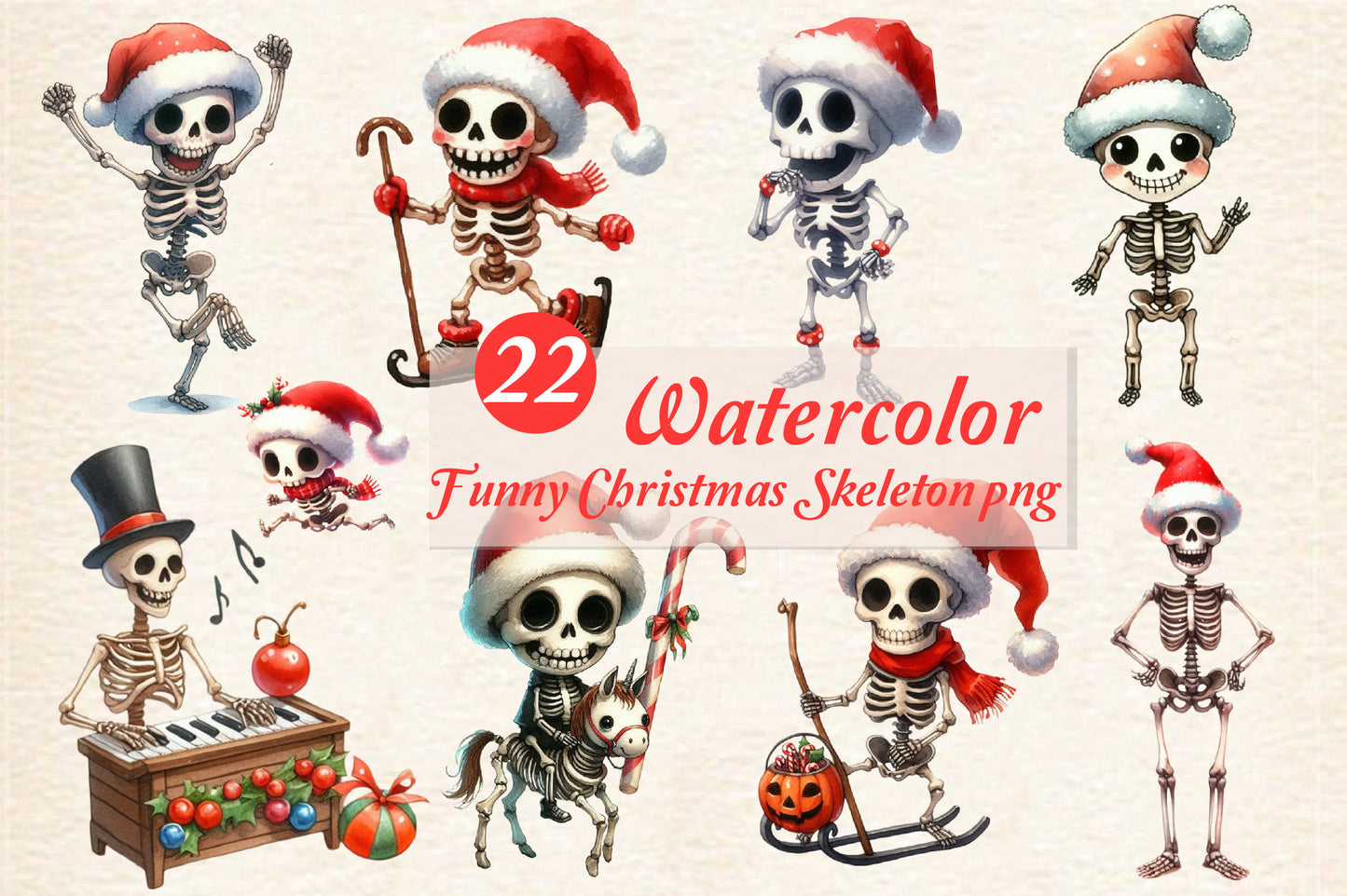 22 Watercolor Christmas Skeleton PNG Funny Holiday Skeleton Clipart Bundle