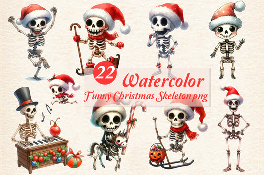 22 Watercolor Christmas Skeleton PNG Funny Holiday Skeleton Clipart Bundle