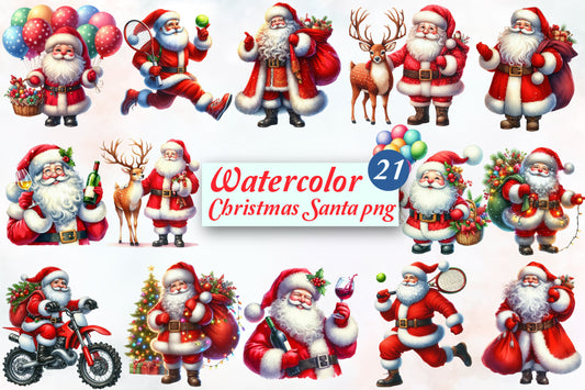 21 Christmas Santa PNG Sublimation Bundle Watercolor Holiday Santa Claus Clipart