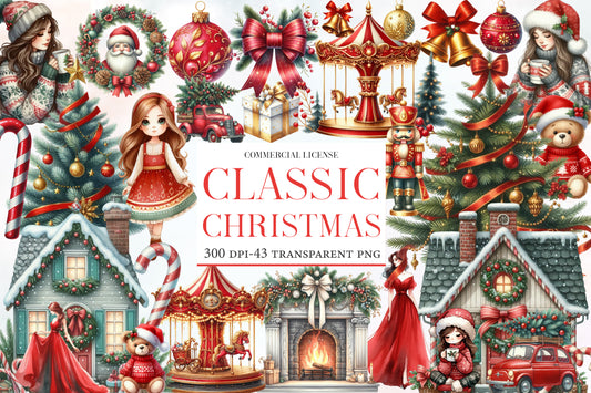 Classic Christmas Watercolor Clipart PNG Bundle | Vintage Holiday Clipart | Christmas Sublimation
