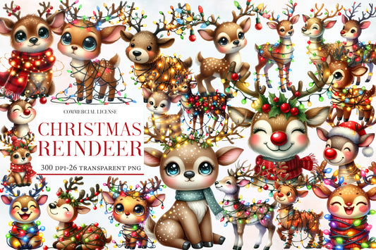 Christmas Reindeer Clipart PNG Bundle | Watercolor Cute Christmas Reindeer Clipart | Festive Winter Animal Sublimation PNG