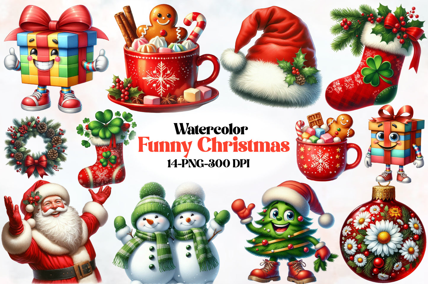 Watercolor Funny Christmas Clipart PNG Bundle | Cute Santa, Gift Box, Snowman, Stocking & Holiday Designs