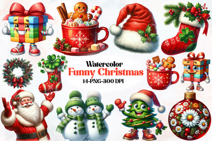 Watercolor Funny Christmas Clipart PNG Bundle | Cute Santa, Gift Box, Snowman, Stocking & Holiday Designs