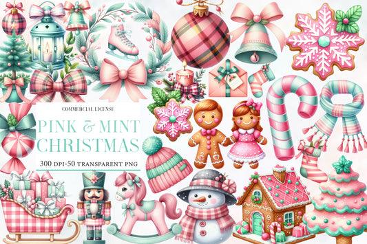 Pink & Mint Christmas Watercolor Clipart PNG Bundle | Cute Christmas PNG | Pastel Holiday Sublimation