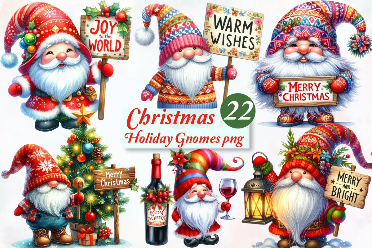 22 Christmas Holiday Gnome PNG Watercolor Clipart Bundle Festive Gnomes