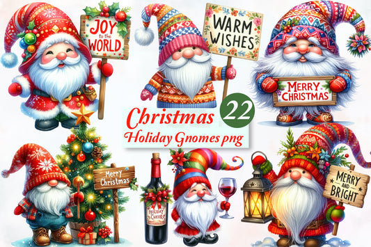 22 Christmas Holiday Gnome PNG Watercolor Clipart Bundle Festive Gnomes