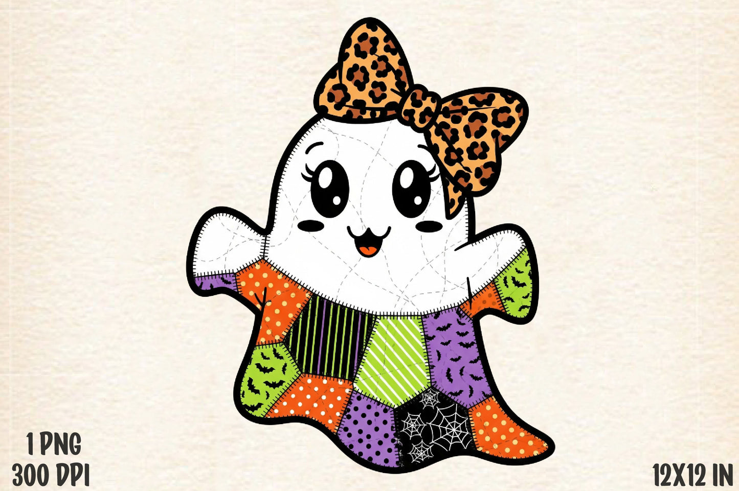 Cute Patchwork Halloween Ghost Leopard Bow PNG