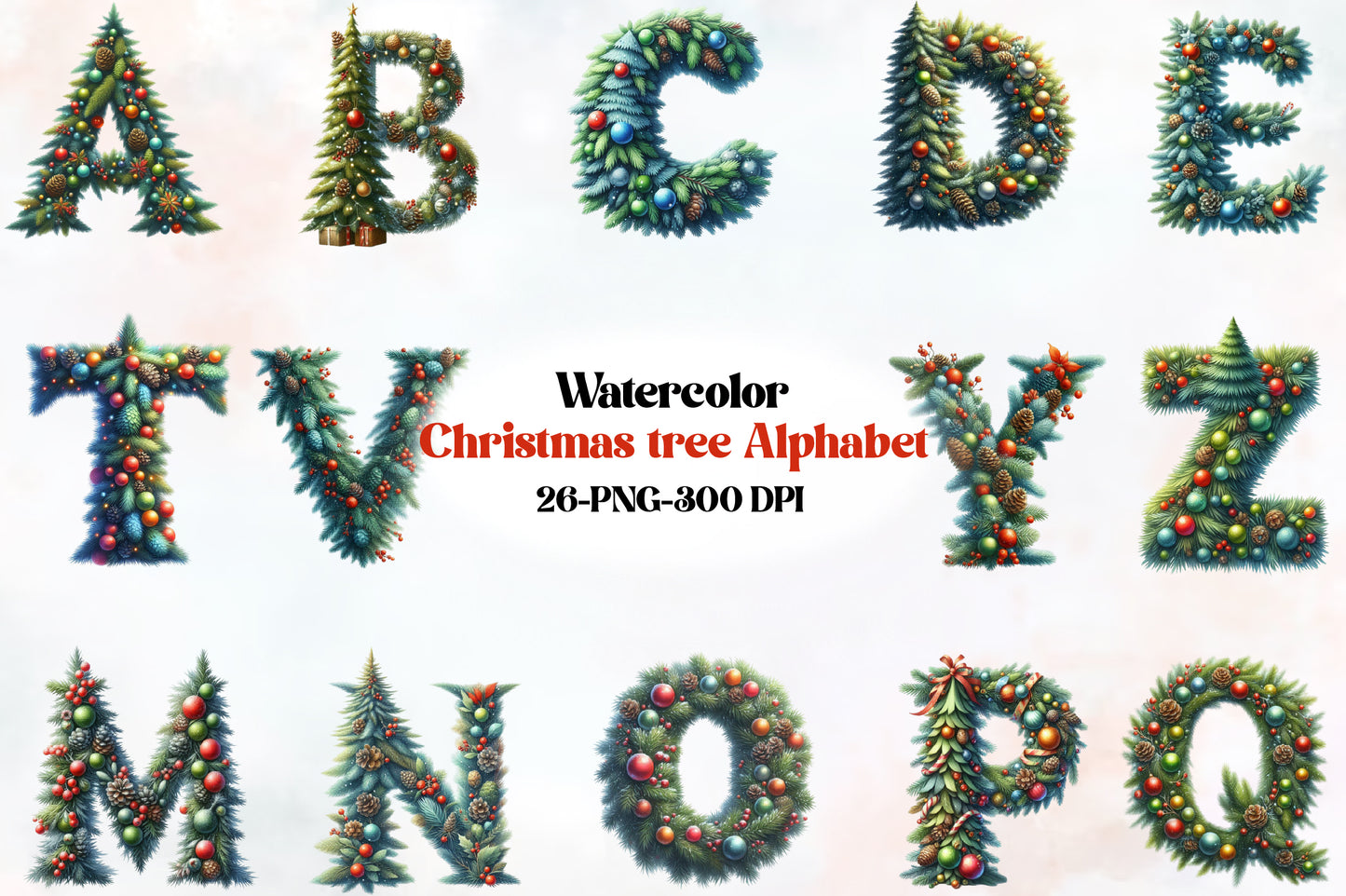 Watercolor Christmas Tree Alphabet PNG Bundle  26 Letters