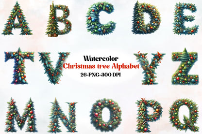 Watercolor Christmas Tree Alphabet PNG Bundle  26 Letters