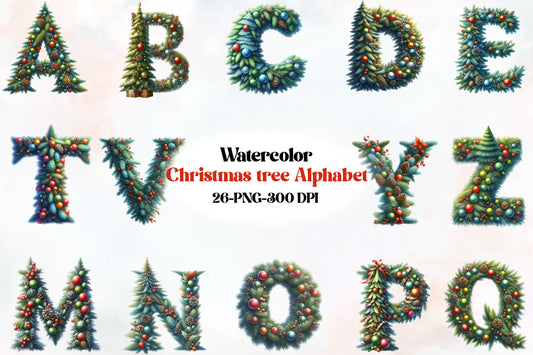 Watercolor Christmas Tree Alphabet PNG Bundle 26 Letters