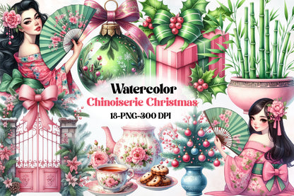 Watercolor Chinoiserie Christmas Clipart PNG Bundle | Elegant Asian Christmas Woman, Ornaments, Gifts & Floral Holiday Designs