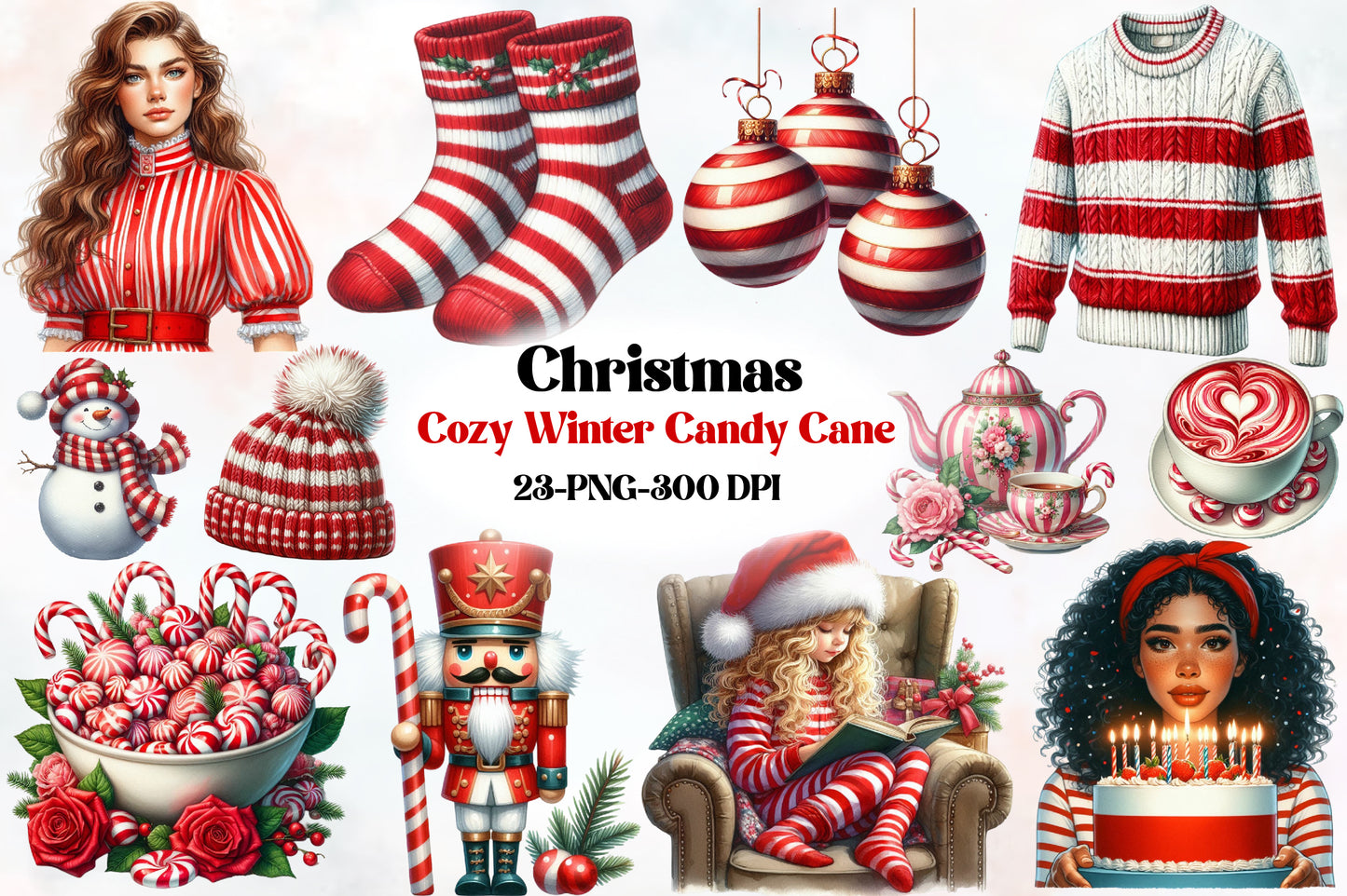 Cozy Winter Candy Cane Christmas Clipart PNG Bundle | Christmas Candy Cane & Winter Clipart