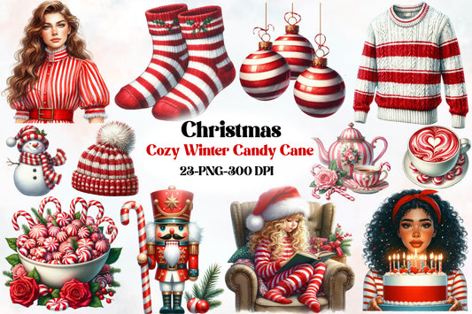 Cozy Winter Candy Cane Christmas Clipart PNG Bundle | Christmas Candy Cane & Winter Clipart