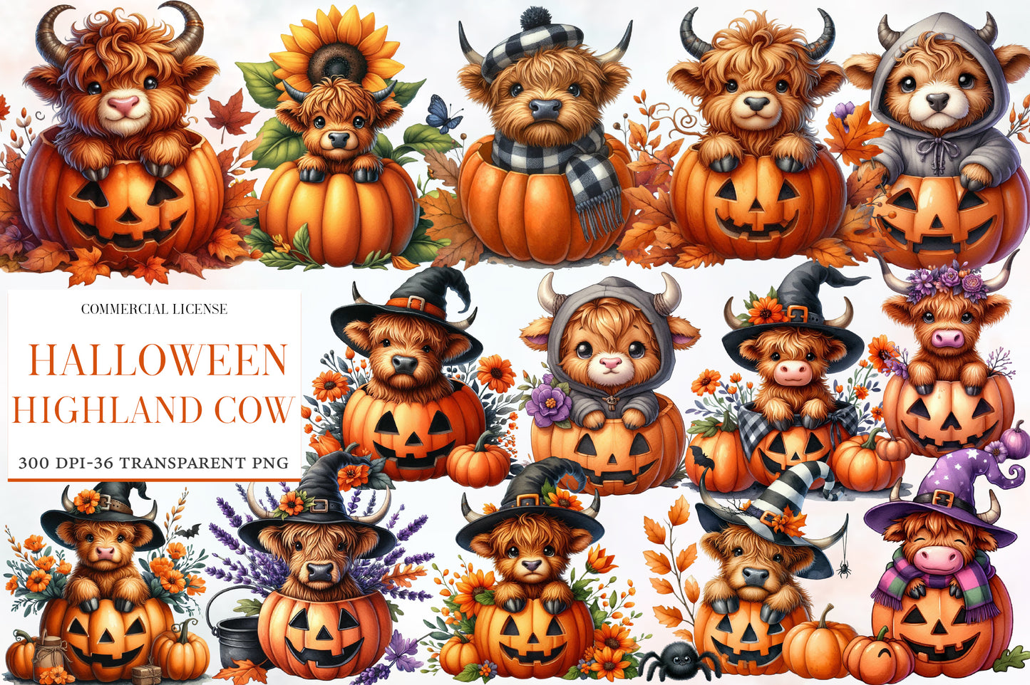 Halloween Highland Cow Clipart PNG | Cute Highland Cow Pumpkin PNG, Fall Cow Clipart,