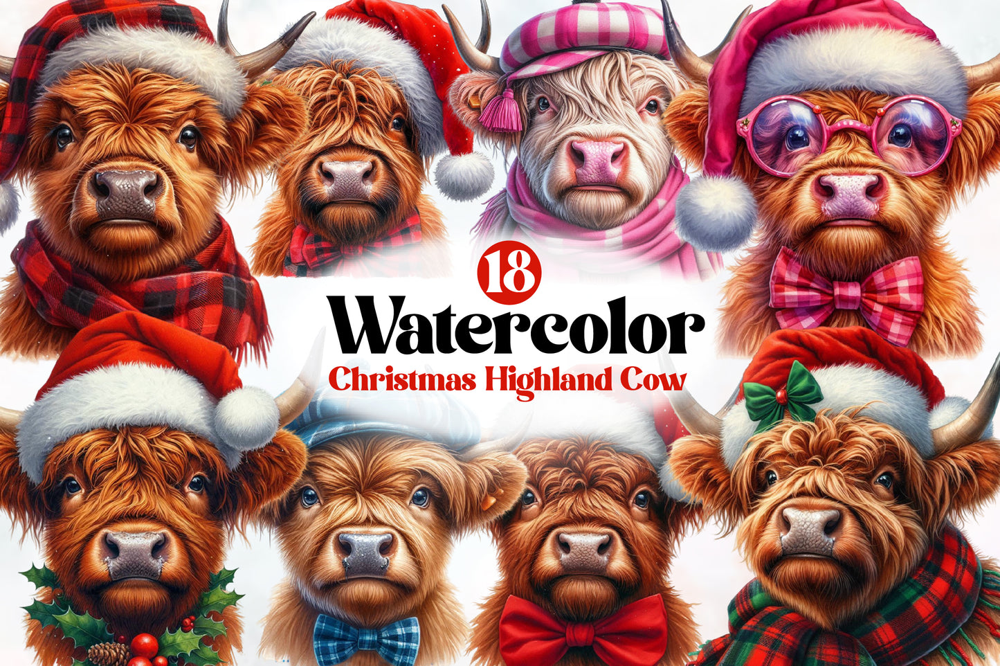 Watercolor Christmas Highland Cow Clipart PNG Bundle | Festive Highland Cattle Holiday Designs