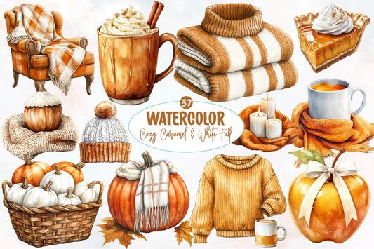 Watercolor Cozy Fall Clipart Bundle Autumn Caramel & White PNG