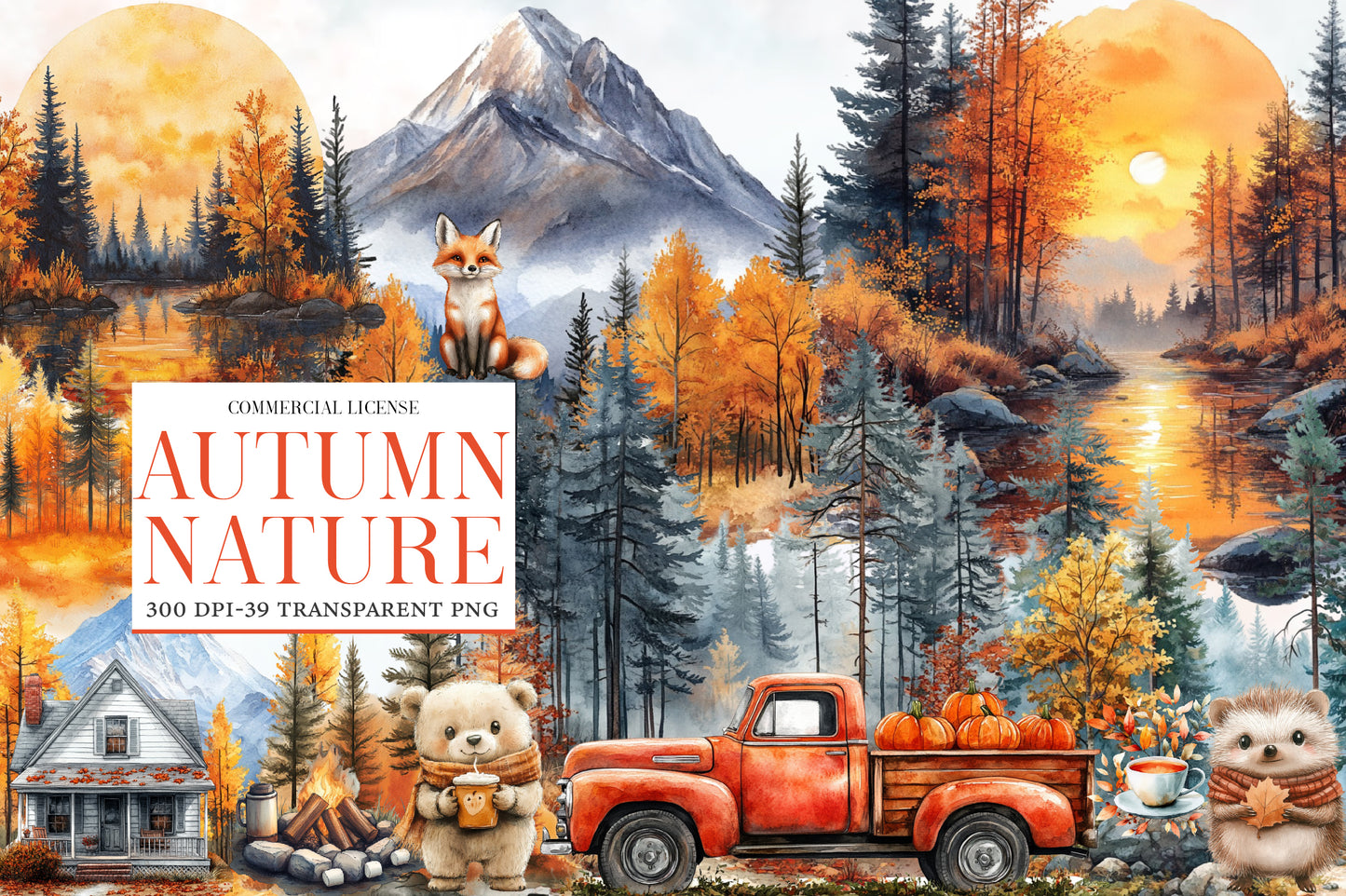Autumn Nature Clipart PNG Bundle | Watercolor Fall Woodland Nature Clipart | Cozy Harvest Botanical PNG