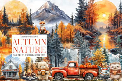 Autumn Nature Clipart PNG Bundle | Watercolor Fall Woodland Nature Clipart | Cozy Harvest Botanical PNG