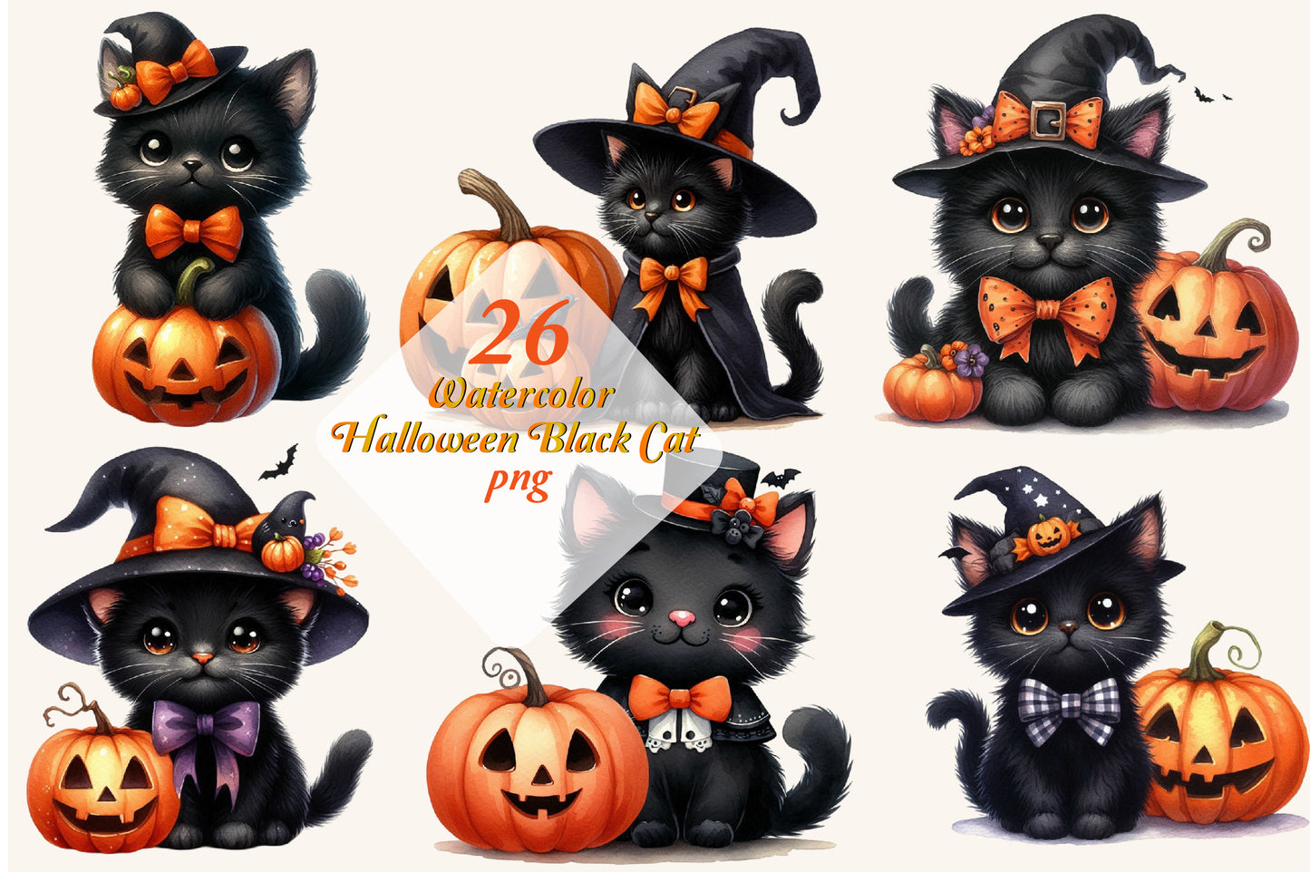 26 Watercolor Halloween Black Cat PNG Clipart Bundle Cute Witch Pumpkin